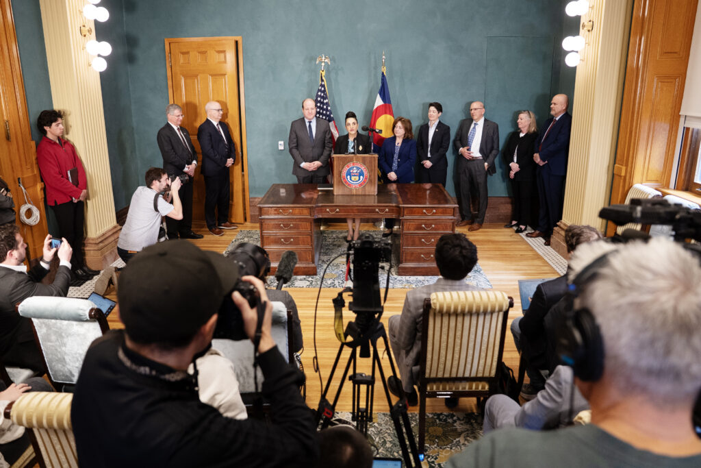 Judge Susan Blanco speaks to the press after being introduced as Colorado's newest Supreme Court justice from the Governor's capitol office on Tuesday, Feb. 17, 2025. Tom Hellauer, Denver Gazette.