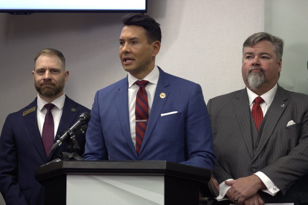 Douglas County Commissioners (left to right) Kevin Van Winkle, Abe Laydon and George Teal announce that the county is pursuing home rule status at the Douglas County Government Building on Tuesday, March 25 in Castle Rock, Colorado. (Denver Gazette file)