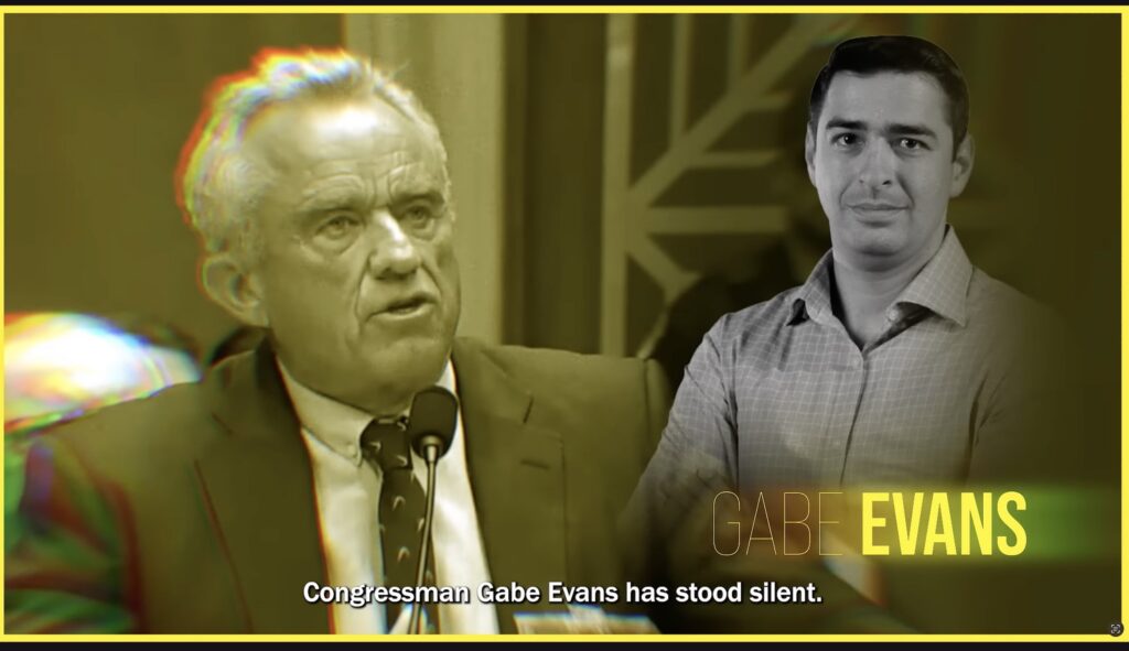 A TV and digital ad paid for by House Majority Forward, a Democratic group affiliated with House Majority PAC, targeted Republican U.S. Rep. Gabe Evans in Colorado's 8th Congressional District in February 2026. (House Majority Forward, via YouTube)