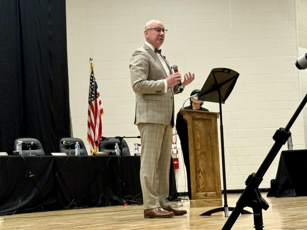 Chief Judge Carl S. McGuire III of the 13th Judicial District speaks to students at Holyoke Junior/Senior High School in Holyoke, Colo. on April 16, 2026 as part of the judicial branch's "Courts in the Community" program. Michael Karlik, Colorado Politics.