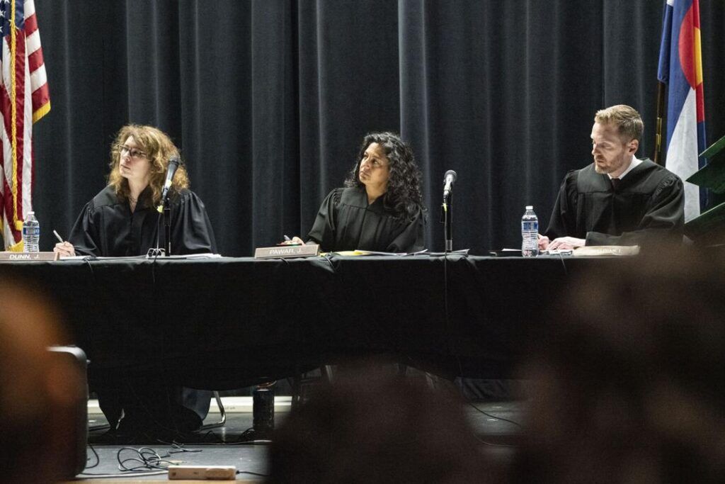 Colorado Court of Appeals Judges Stephanie Dunn, Neeti V. Pawar and Grant T. Sullivan listen to the case of Strange v. GA HC Reit Liberty CRCC, LCC at Fort Lupton High School on Tuesday, April 2, 2024 in Fort Lupton, Colorado. The Colorado Court of Appeals and Supreme Court hold "Courts in the Community" events for students to learn about the justice system and hear real cases. Rebecca Slezak, special to The Gazette.