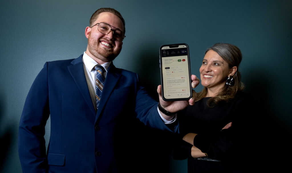 Denver University law student Anthony Kennedy shows an AI-powered app on April 29, 2026 that he designed in U.S. Magistrate Judge Maritza Dominguez Braswell’s class at DU. The app helps people to better navigate legal issues themselves. (The Gazette, Christian Murdock)