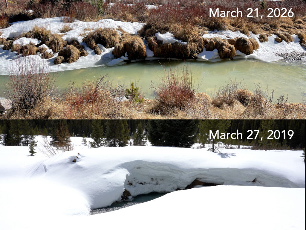 A side-by-side photo comparison of snowpack in the mountains.