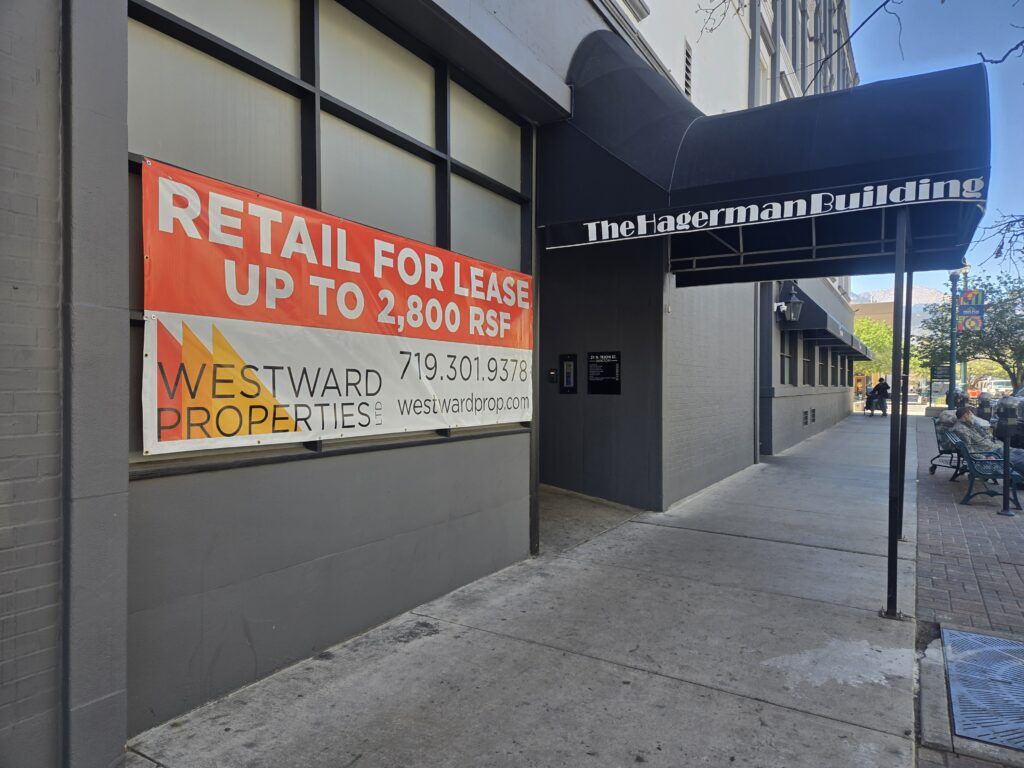 A sign advertises retail space for lease at the Hagerman Building on East Kiowa Street in downtown Colorado Springs on Wednesday, April 22, 2026.