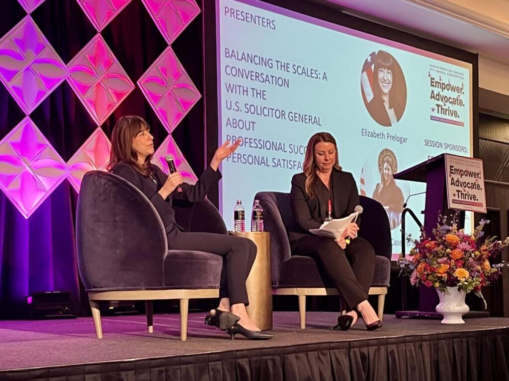 U.S. Solicitor General Elizabeth B. Prelogar speaks with Colorado Court of Appeals Judge Jaclyn Casey Brown on May 18, 2024 at the Colorado Women's Bar Association conference at The Hythe luxury resort in Vail. Michael Karlik/Colorado Politics
