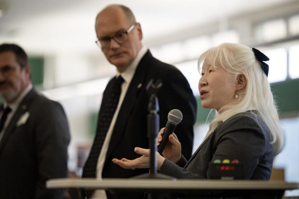 Colorado Court of Appeals Judge Sueanna P. Johnson answers student questions in a Q&A after hearing two Colorado Court of Appeals cases being held in the library of Conifer Senior High School as part of the Courts in the Community educational outreach program on Tuesday, May 16, 2023, in Conifer, Colo. (Timothy Hurst/Denver Gazette)