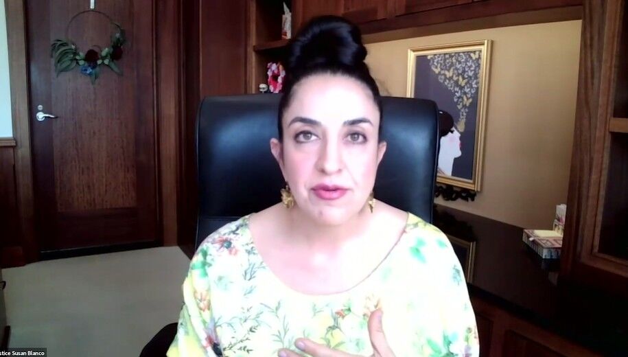 Colorado Supreme Court Justice Susan Blanco moderates a May 13, 2026 virtual panel sponsored by the Institute for the Advancement of the American Legal System. Source: Webinar screenshot.