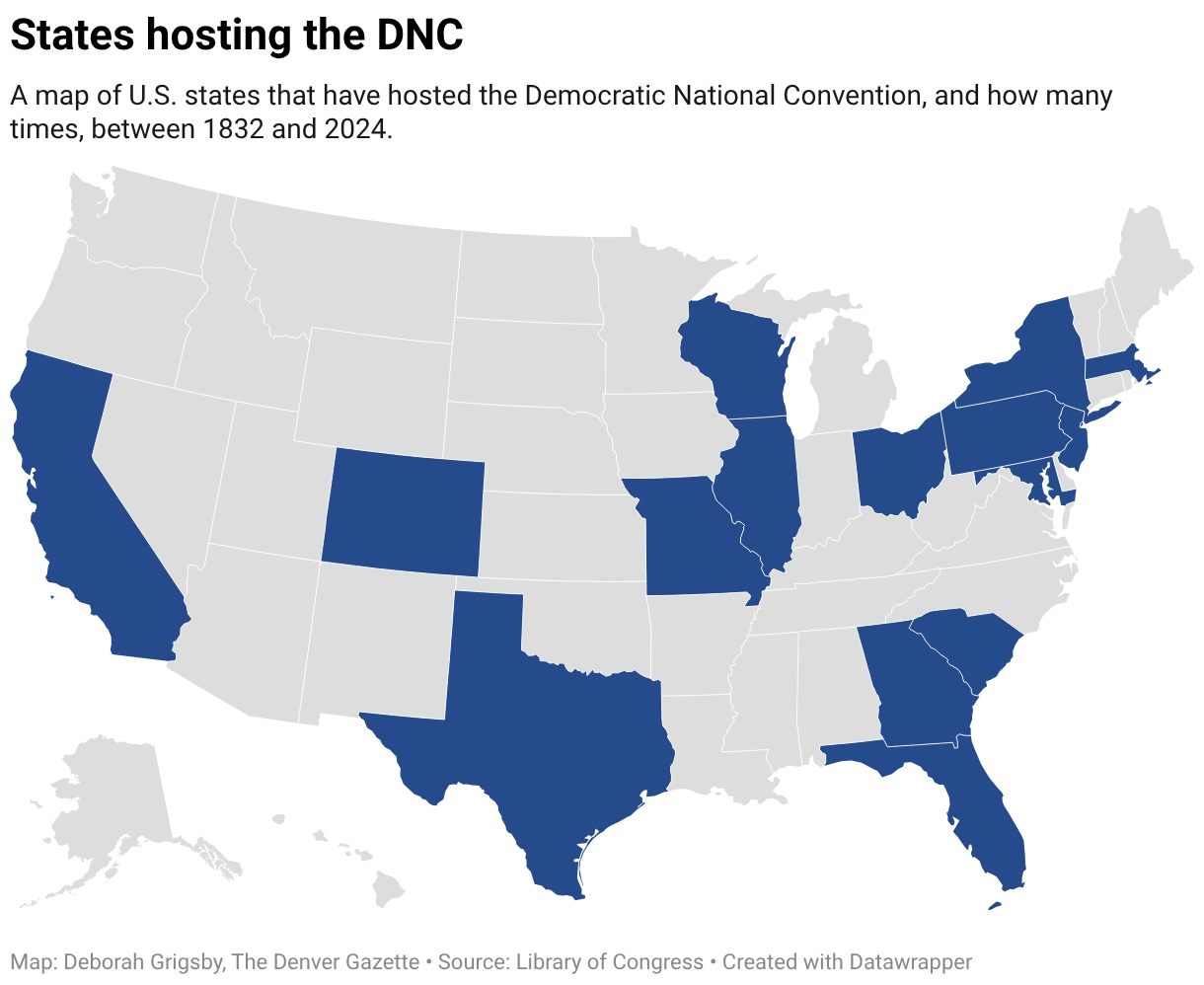 A map of U.S. states that have hosted the Democratic National Convention, and how many times, between 1832 and 2024