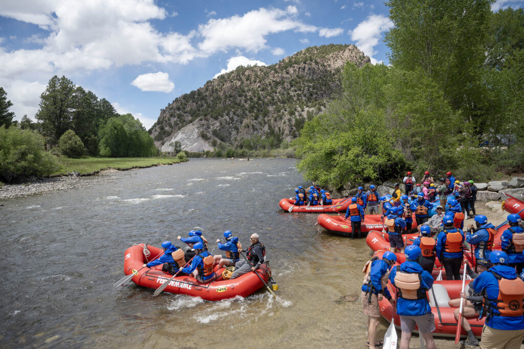 A group of rafter with Performance Tours enter the Arkansas River from Ruby Mountain boat launch south of Buena Vista in Nathrop on Saturday, May 29, 2026. (The Gazette, Michael G. Seamans)
