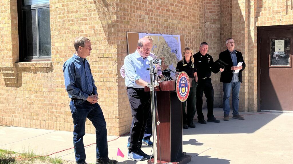 Gov. Jared Polis urged residents to not use fireworks and minimize the potential of causing wildfires during a news conference on June 29, 2026 in Fruita, Colorado. (Rachael Wright, Colorado Politics)