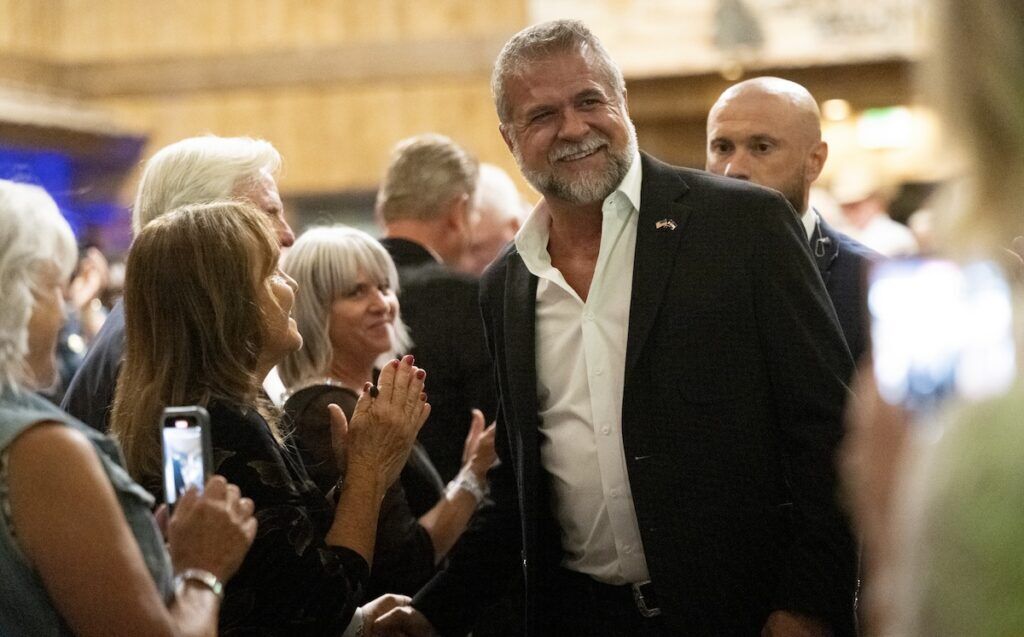Republican gubernatorial candidate Victor Marx greets his supporters Tuesday, June 30, 2026, during a Colorado Primary Election watch party at Spruce Mountain Ranch in Larkspur, Colo. (The Gazette, Christian Murdock)