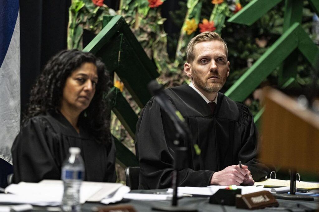 Colorado Court of Appeals Judges Neeti V. Pawar and Grant T. Sullivan listen during the case of People v. Dooley at Fort Lupton High School on Tuesday, April 2, 2024 in Fort Lupton, Colorado. The Colorado Court of Appeals and Supreme Court holds "Courts in the Community" events for students to learn about the justice system and hear real cases. (Rebecca Slezak For The Denver Gazette)