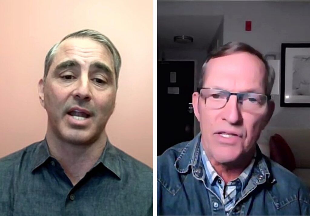 Alex Kelloff, left, and Dwayne Romero, Democratic candidates in Colorado's 3rd Congressional District, appear on the Zoom teleconference platform during the district's nominating assembly on Friday, March 27, 2026. Both qualified for the primary for the chance to run against Republican U.S. Rep. Jeff Hurd. (Via Zoom)