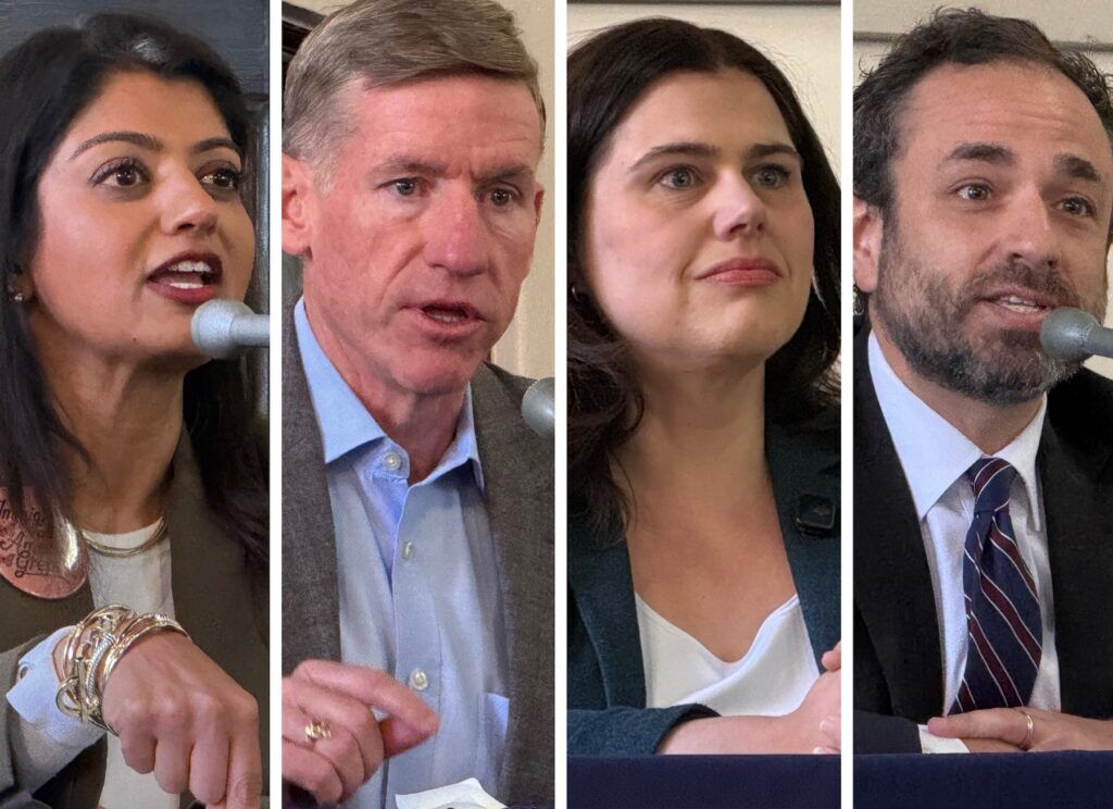 Pictured are the Democratic attorney general candidates running in Colorado's 2026 primary, from left: Hetal Doshi, Boulder County District Attorney Michael Dougherty, Secretary of State Jena Griswold and David Seligman. (Ernest Luning/Colorado Politics)