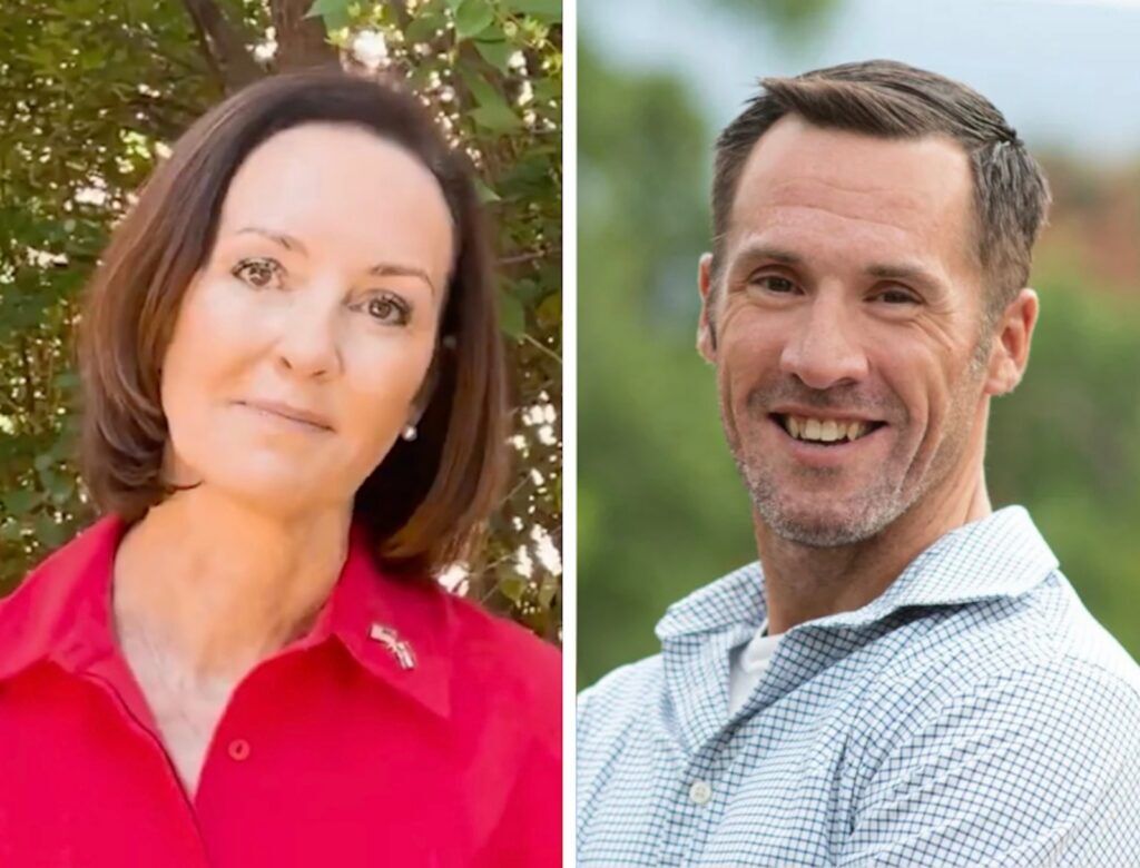 Democrats Jessica Killin, left, and Joe Reagan qualified for the June 30 primary ballot in Colorado's 5th Congressional District on Saturday, March 14, 2026, at the party's district assembly in Colorado Springs. (Colorado Politics file photos)