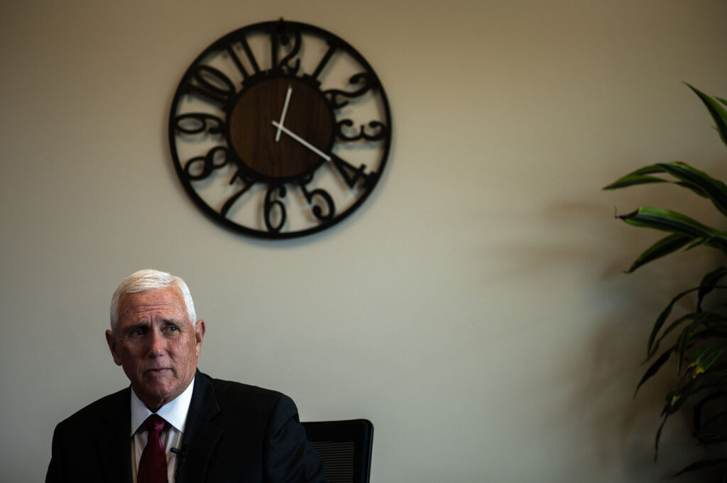 Former Vice President Mike Pence talks with a Colorado Politics reporter at Colorado Christian University in Lakewood on Thursday, July 30, 2026. (Stephen Swofford, Denver Gazette)