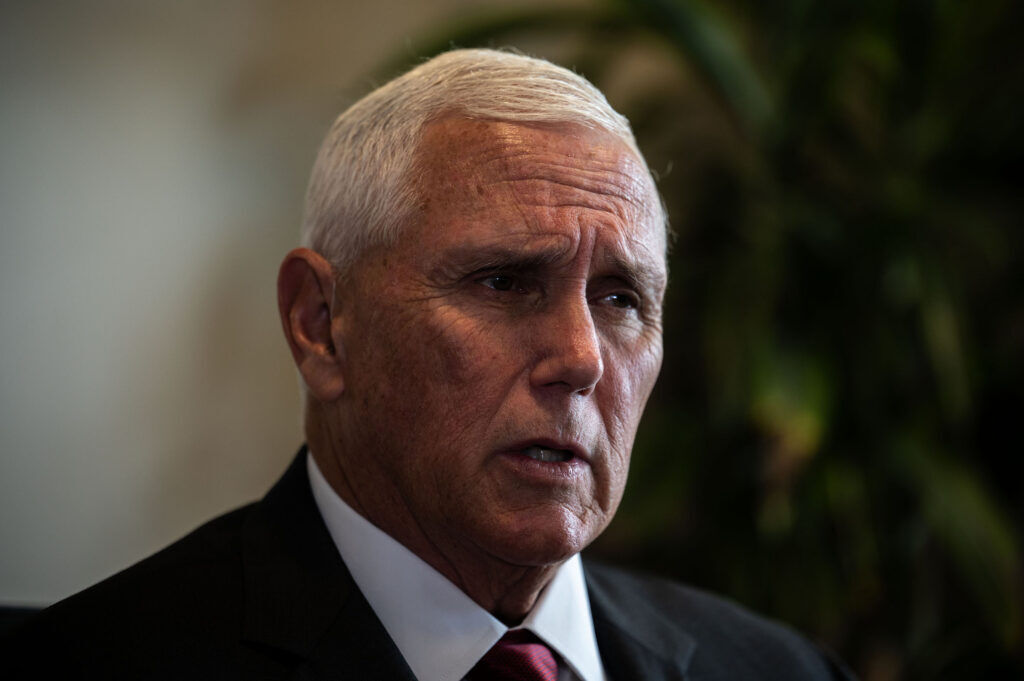 Former Vice President Mike Pence talks with a Colorado Politics reporter at Colorado Christian University in Lakewood on Thursday, July 30, 2026. (Stephen Swofford, Denver Gazette)