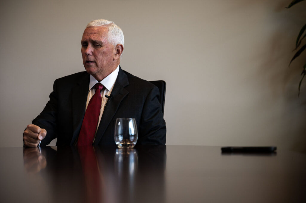 Former Vice President Mike Pence talks with a Colorado Politics reporter at Colorado Christian University in Lakewood on Thursday, July 30, 2026. (Stephen Swofford, Denver Gazette)