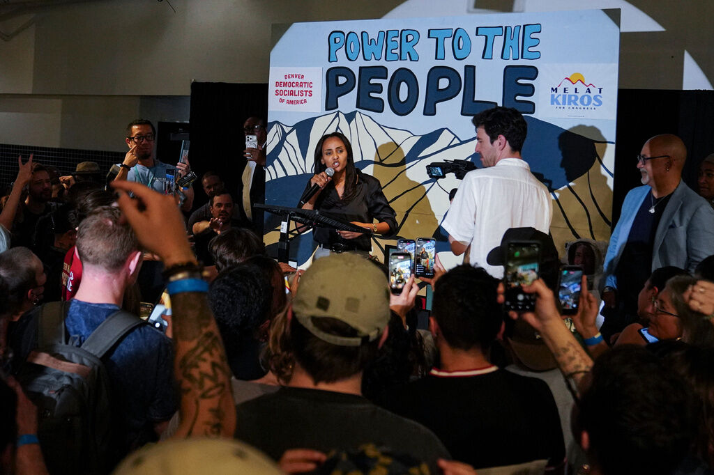 Democratic congressional candidate Melat Kiros speaks after winning the Democratic nomination during a primary election night watch party at The Broadway, Tuesday, June 30, 2026, in Denver. (AP Photo/Rebecca Slezak)
