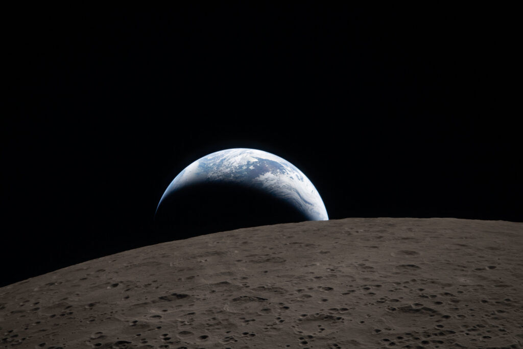The Artemis II crew captured this view of an Earthset on Monday, April 6, 2026, as they flew around the Moon. (NASA via The Associated Press)