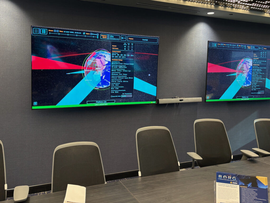 Auria's BORG, or Battlespace Operational Readiness Game, on display at a demonstration day held by the company on Thursday July 9, 2026. The company created the game as a way to make training for Space Force Guardians and other space operators simpler, as they grew up playing video games. (Alex Edwards, The Gazette).