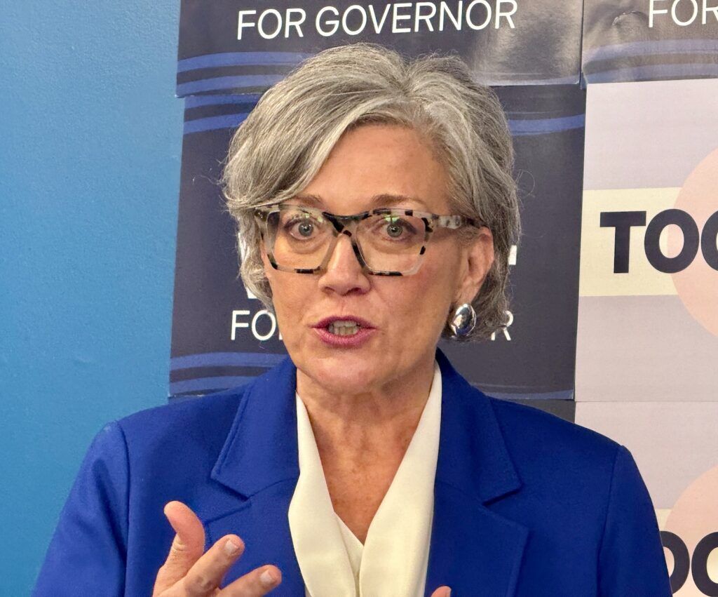 Jefferson County Commissioner Lesley Dahlkemper answers questions at a news conference announcement her selection as Democratic gubernatorial nominee Phil Weiser's running mate on Wednesday, July 22, 2026, in Denver. (Ernest Luning/Colorado Politics)