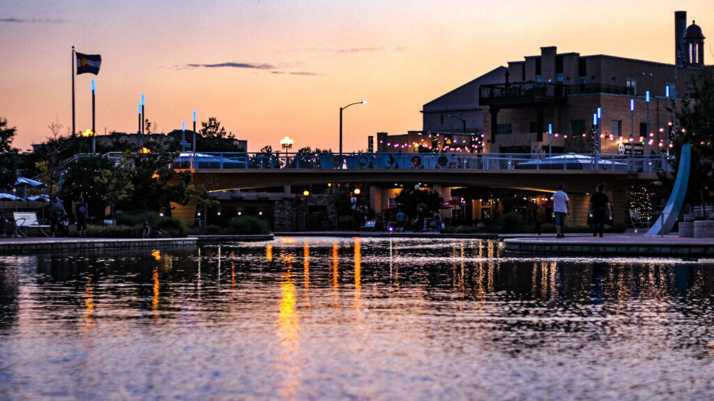 The Pueblo Riverwalk at sunset. (Courtesy of Duane Nava, president of the Greater Pueblo Chamber of Commerce)
