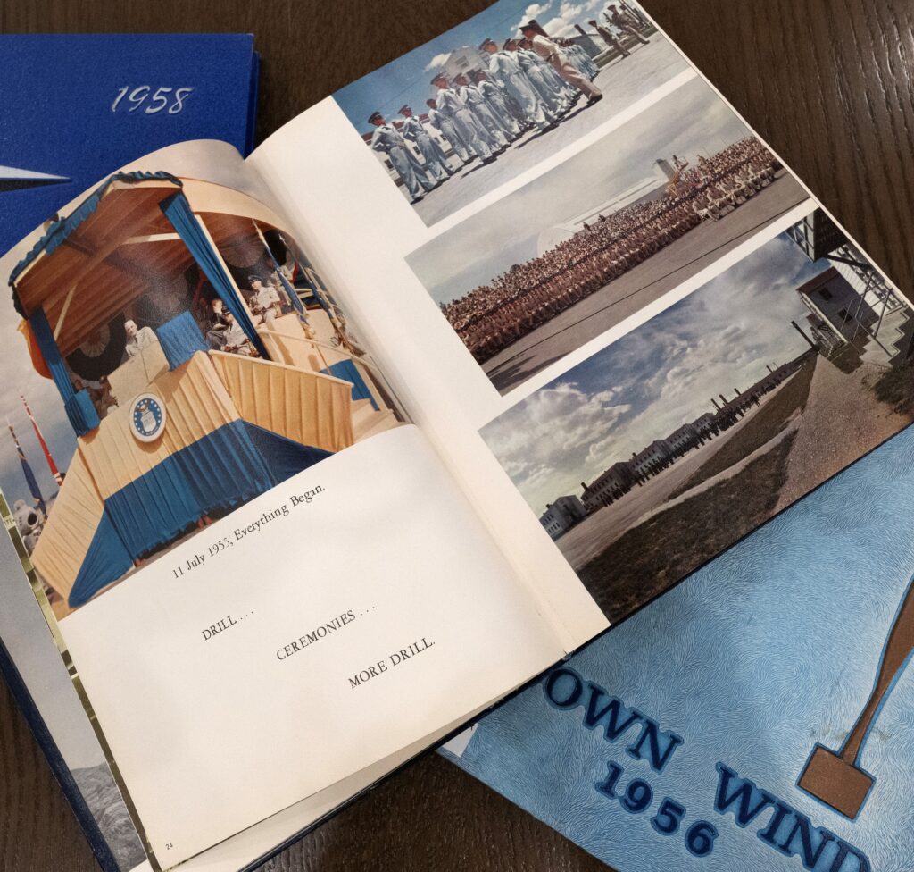 An Air Force Academy year book shows cadets in their field gear in the upper right hand corner. The uniforms nick-named the blue-bunny suits were generally believed to make everyone look a little effeminate. Retired Col. Max Miller joked they were likely "burned to keep them from history." Christian Murdock, The Gazette