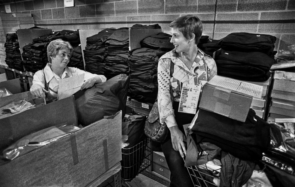 The women who arrived at the Air Force Academy in 1976 wore the measurements for their uniforms around their necks. Photo by Ed Lallo, Getty Images