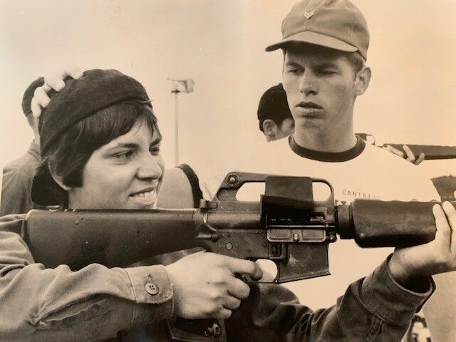 Linda Garcia Cubero shoots an M-16 rifle during Basic Cadet Training at the Air Force Academy. She was a member of the first coed class at the academy who entered in 1976. Courtesy Linda Garcia Cubero
