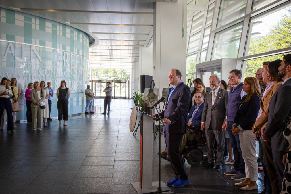 Gov. Jared Polis discusses the importance of Colorado's outdoor economy on Thursday, Sept. 3, 2026 at the former Denver Post building to announce Alterra's new headquarters. (Bernadette Berdychowski / The Denver Gazette)