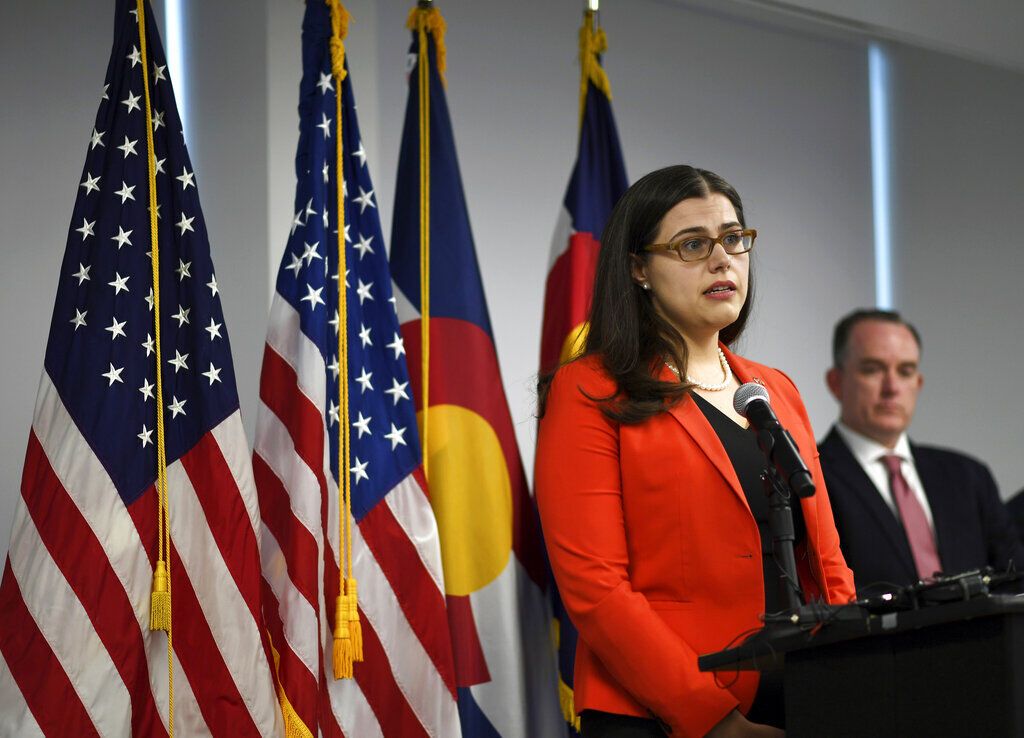 Colorado Secretary of State Jena Griswold speaks during an Aug. 12 news conference in Denver about an election-breach investigation.