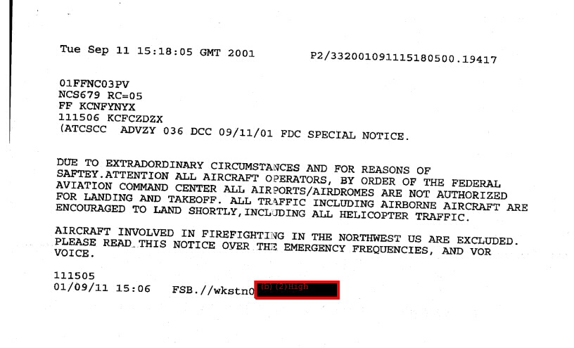 a typed statement from the FAA ordering all aircraft in U.S. airspace to land at the nearest airport.