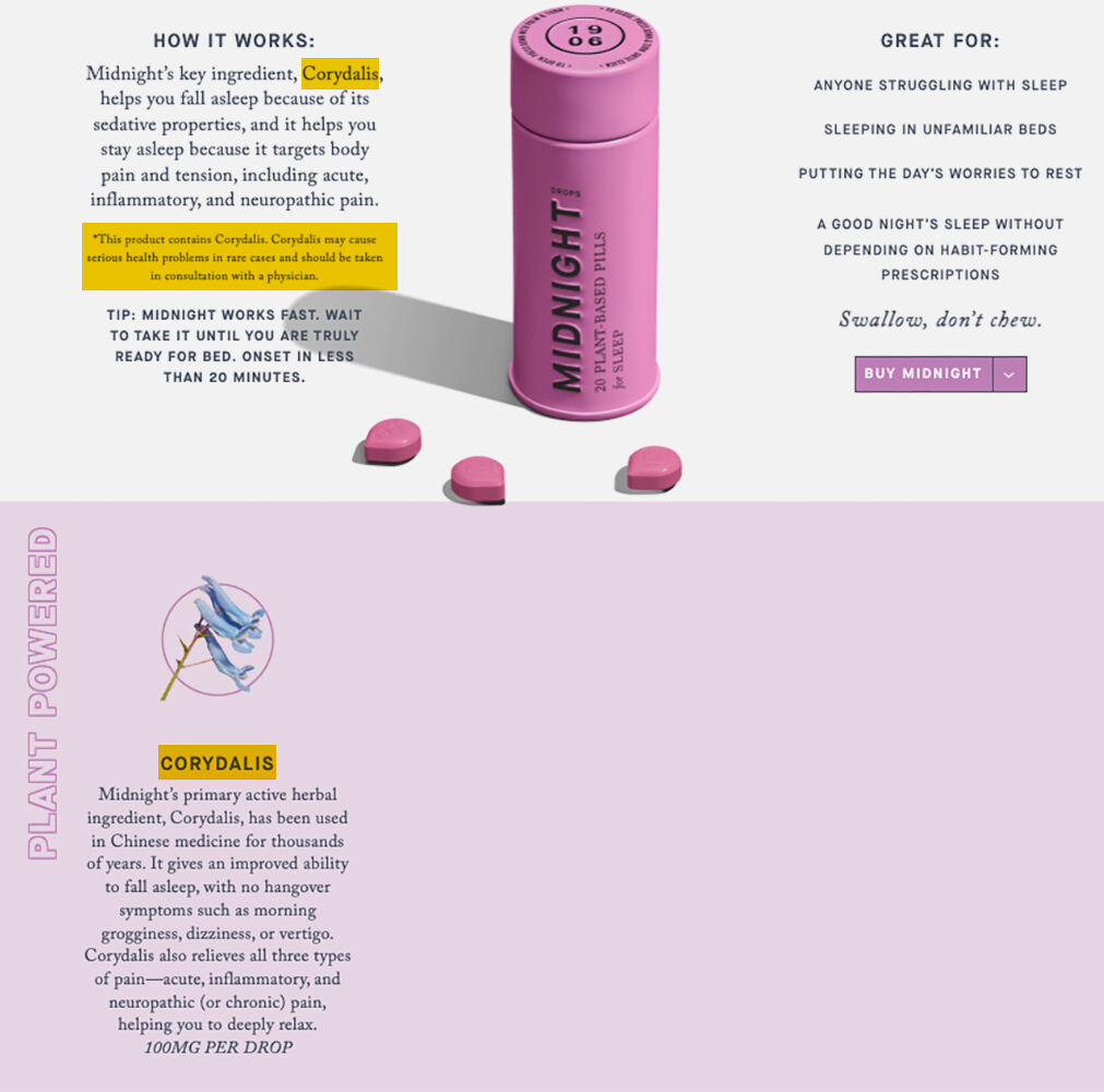 : A website screenshot showing a pink tubular container with the label “Midnight: 20 plant-based pills for sleep.” Text surrounding the container describes the main herbal ingredient as corydalis.