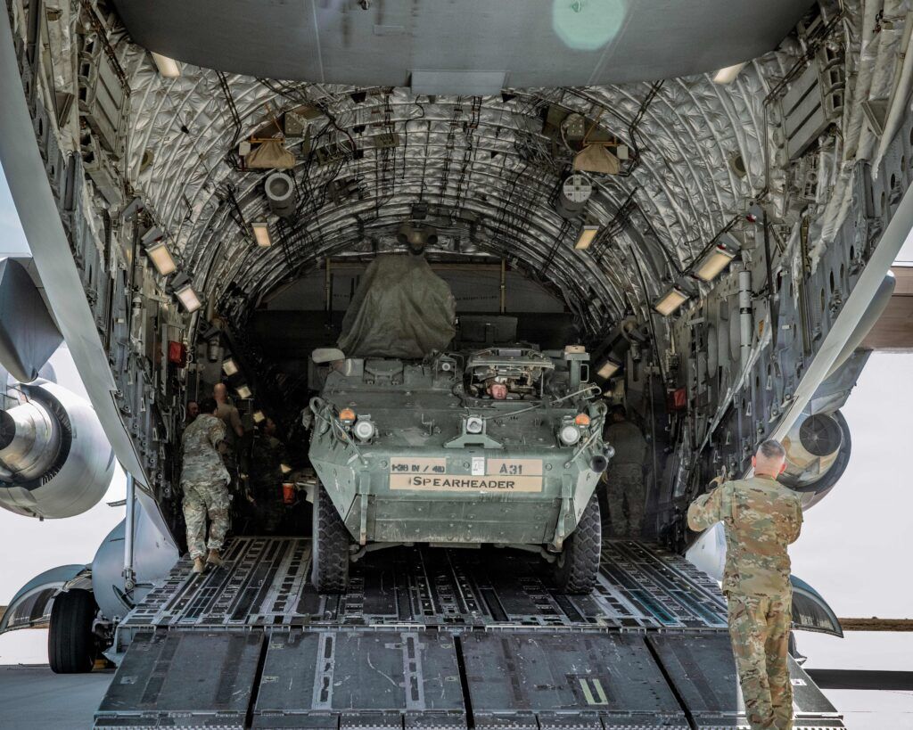 A Stryker armored vehicle assigned to 1st Battalion, 38th Infantry Regiment, 1st Stryker Brigade, 4th Infantry Division, loads inside a U.S. Air Force C-17 Globemaster III after being loaded for movement to Indonesia for Super Garuda Shield 2026, Aug. 23, 2026, at the Fort Carson Arrival/Departure Airfield Control Group, Colorado. Super Garuda Shield is an annual exercise between the Indonesian National Armed Forces and U.S. military designed to strengthen bilateral interoperability, capabilities and cooperation. (U.S. Army photo by Spc. Jonathan Reyes)